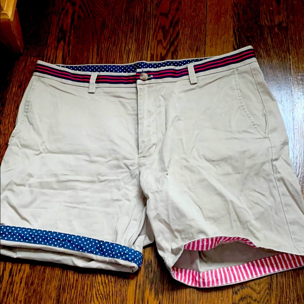 Vineyard Vines Tan Shorts with Blue and Pink Accents